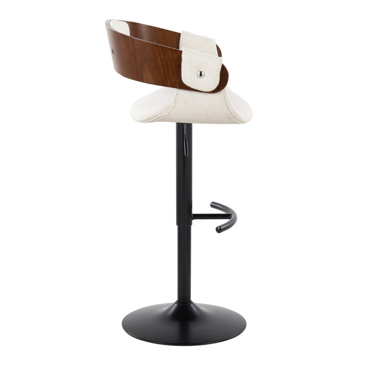 Elisa Mid Century Modern Adjustable Barstool With Swivel In Black Metal, Walnut Wood And Cream Fabric With Rounded T Footrest By Set Of 2