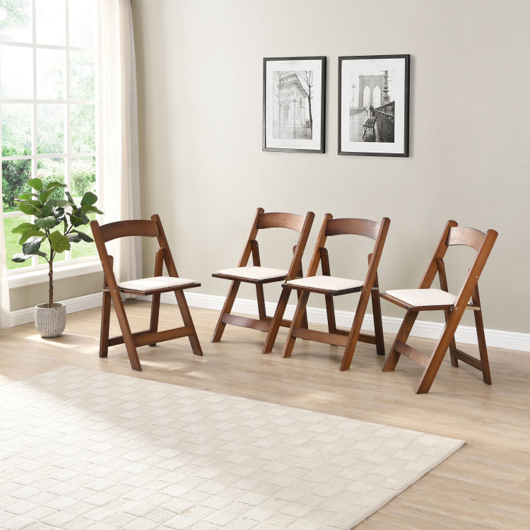 Upholstered Folding Chair, Space Saving, Easy To Carry, 4Pcs, Walnut Shelf Beige Cushion,Dining Room
