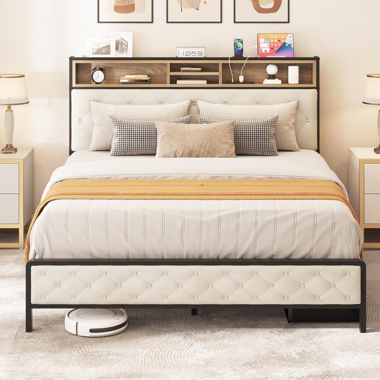 Queen Size Bed Frame, Platform Bed Frame With Charging Station, Upholstered Storage Headboard & Footboard Metal Slats Supports Mattress Foundation, No Box Spring Needed, Beige No Drawers
