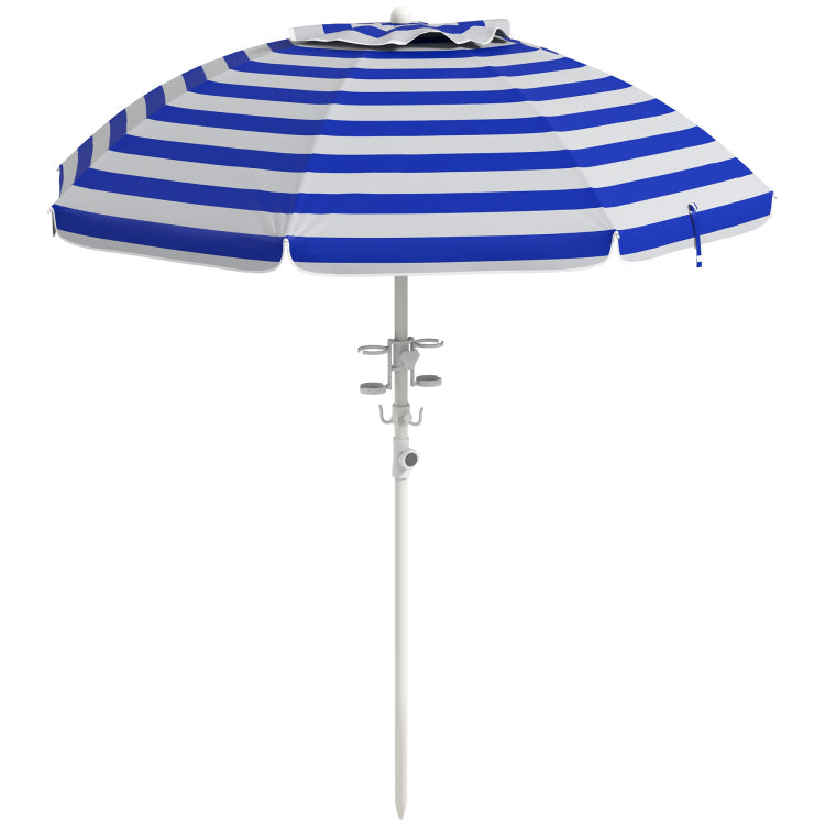 Outsunny 5.7' Portable Beach Umbrella With Tilt, Adjustable Height, 2 Cup Holders & Hooks, Uv 40 Ruffled Outdoor Umbrella With Vented Canopy, Blue White Stripe