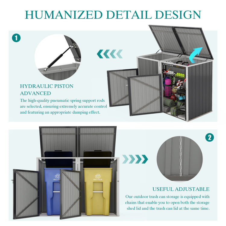 Garbage Bin Shed Stores 2 Trash Cans Metal Outdoor Bin Shed For Garbage Storage,54 Cubic Feet Of Space,Stainless Galvanized Steel, Bin Shed For Garden Yard Lawn,Grey