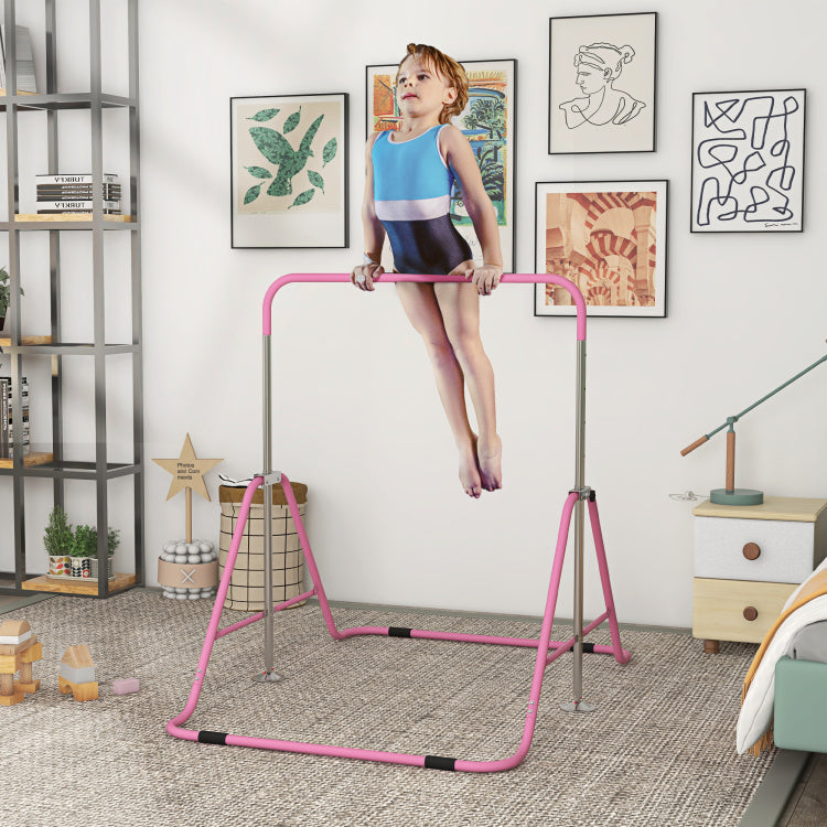 Qaba Folding Gymnastics Bar For Kids With Shock Absorption, Adjustable Gymnastics Horizontal Bar, Gymnastics Kip Bar For Home Use, Pink