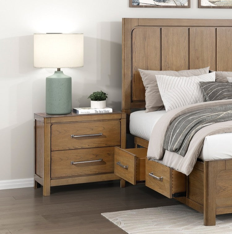 Light Brown Finish 2 Drawer Nightstand With Power Outlets Usb Ports Modern Bedroom Furniture 1Pc Bedside Table