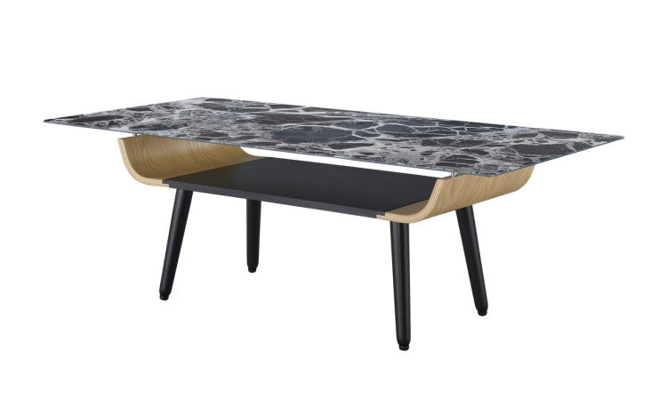 Lorenzo 47"W Coffee Table With Glass Black Marble Texture Top And Bent Wood Design