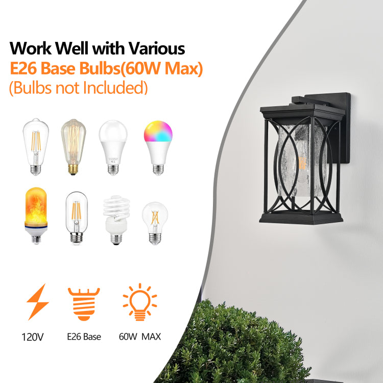 14" H 1 Pack Black Outdoor Wall Lantern With Crackled Glass, Weather Resistant Exterior Light Fixture For Porch, Patio, And Entryway, Modern Decorative Wall Sconce With E26 Base Bulb Not Included