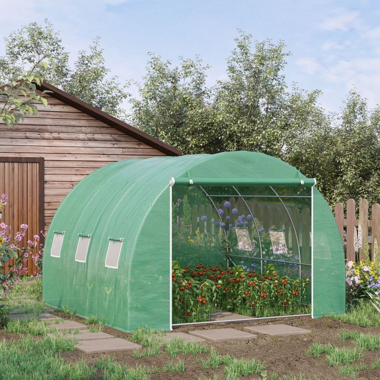 Outsunny 10' X 10' X 6.5' Walk In Tunnel Hoop Greenhouse, Polyethylene Pe Cover, Steel Frame, Roll Up Zipper Door & Windows For Flowers, Vegetables, Tropical Plants, Green