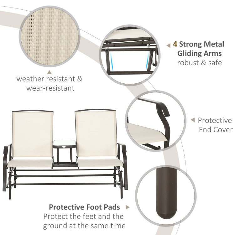 Outsunny Outdoor Glider Bench With Center Table, Metal Frame Patio Loveseat With Mesh Fabric And Armrests For Backyard Garden Porch, Beige