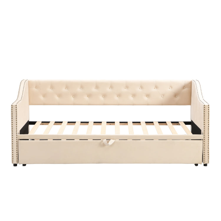 Twin Size Upholstered Daybed With Pop Up Trundle, Beige