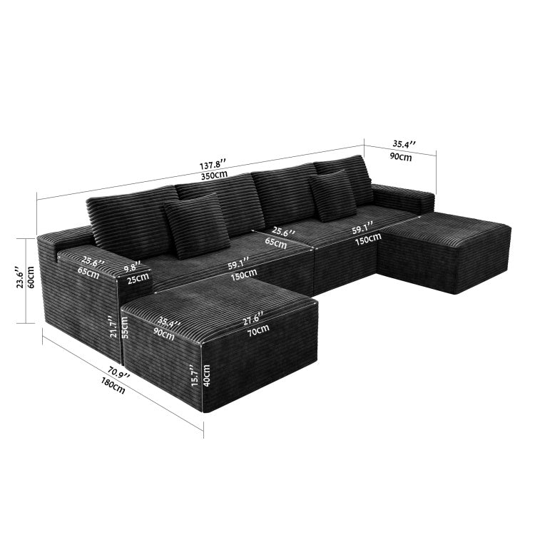 137.8*70.9"Modular Sectional Sofa Seat,Upholstered Compressed Couch For Living Room,Bedroom,Apartment,No Assembly Required,4 Pc Free Combination,Plush Corduroy Fabric,Grey