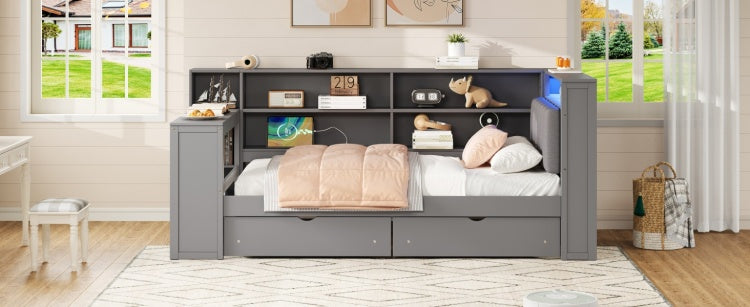 Wood Twin Size Platform Bed With Storage Shelves, Drawers, Charging Station, Led, Desk And Upholstered Headboard, Grey Grey Cushion