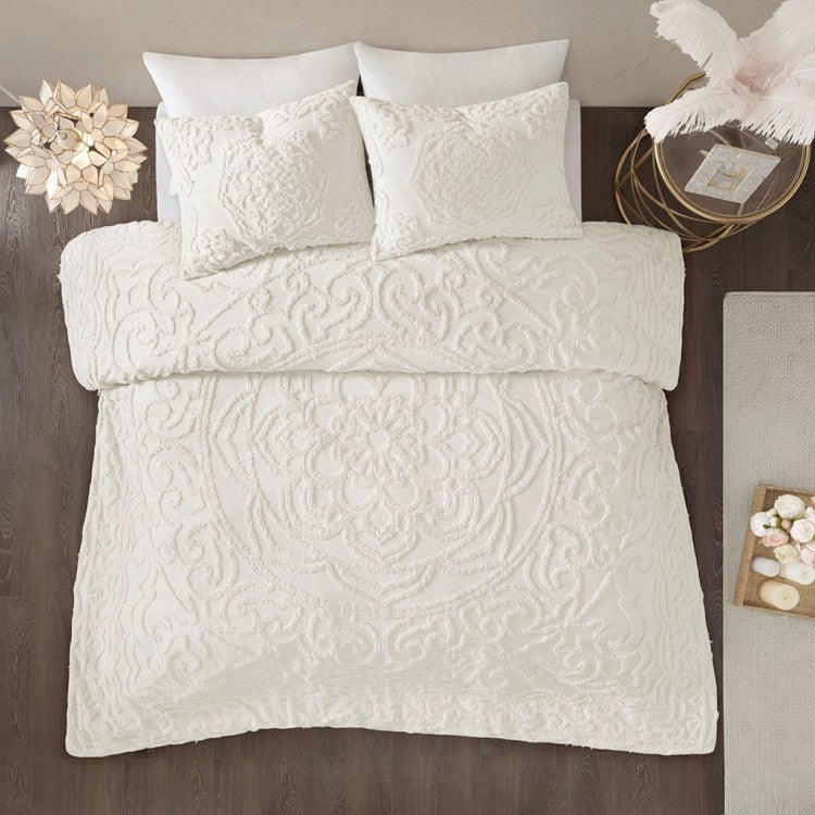 3 Piece Tufted Cotton Chenille Medallion Comforter Set Off White Full Queen