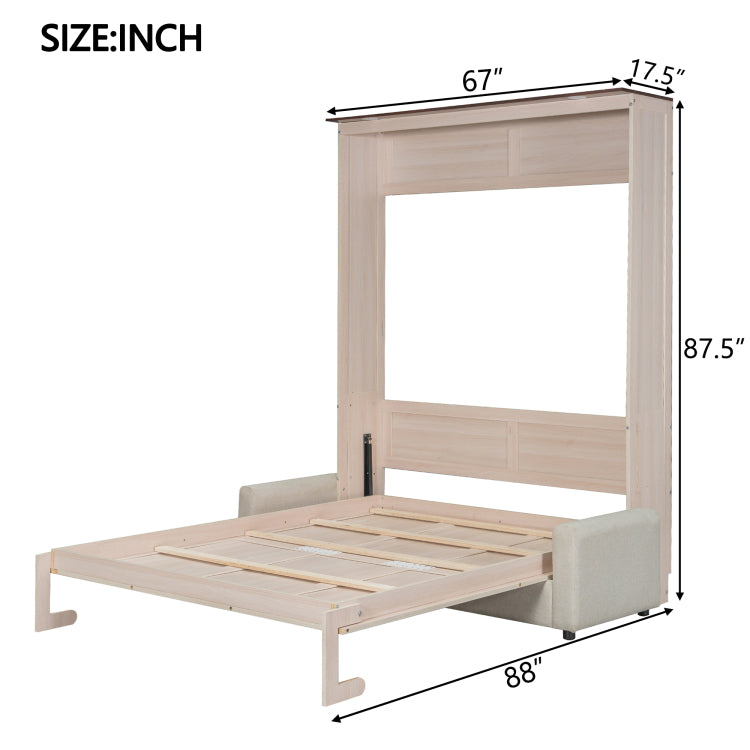 Queen Size Murphy Bed With Sofa And Led, Beige
