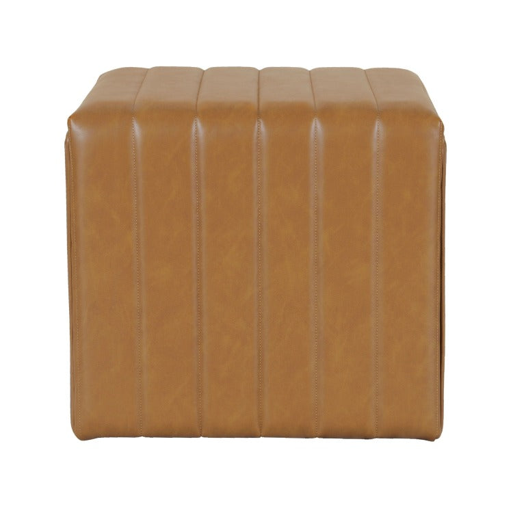 Ada Footstool Ottoman, Channel Tuft Caramel Brown Faux Leather 19 Inch