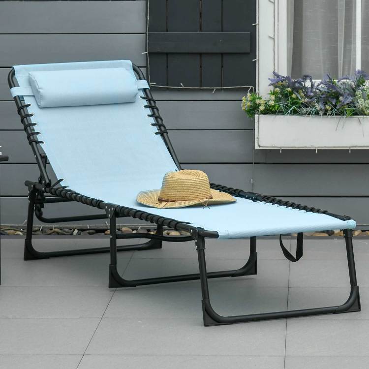 Outsunny Folding Chaise Lounge Pool Chair, Patio Sun Tanning Chair, Outdoor Lounge Chair W 4 Position Reclining Back, Pillow, Mesh & Bungee Seat For Beach, Yard, Patio, Baby Blue