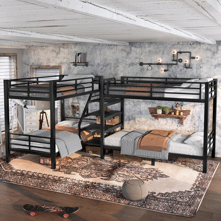 Twin L Shaped Metal Bunk Bed With Storage Shelves And High Quality Safety Guardrail,Space Saving,Black