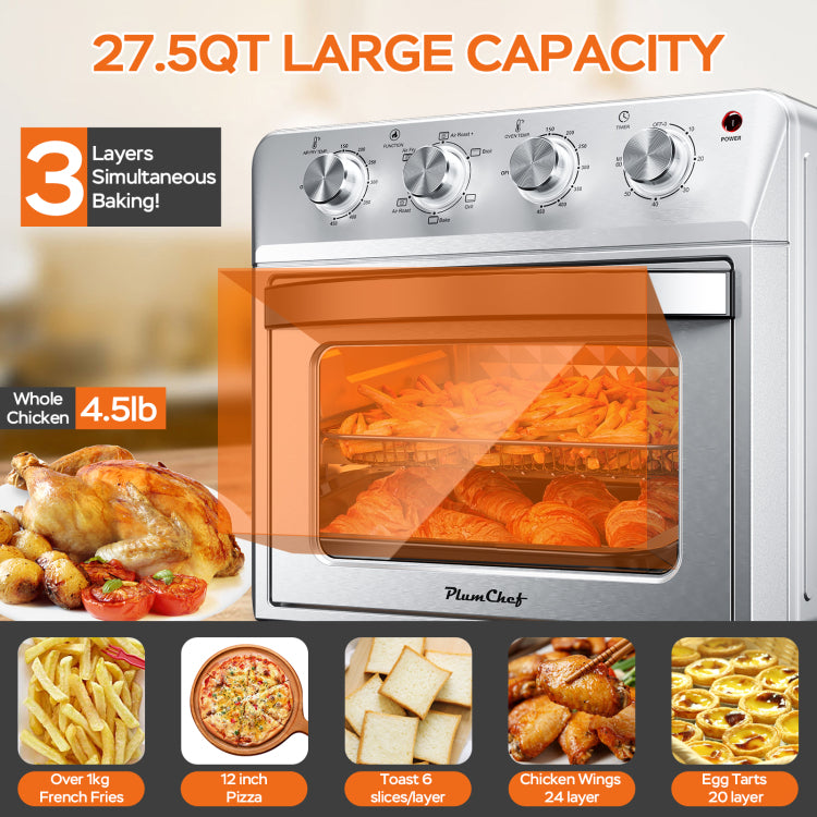 Plum Chef Air Fryer Oven 27.5Qt, 6 In 1 Countertop Oven, Air Fry, Bake, Broil, Toast, Warm, Dehydrate, 4 Knob Control, 1600W, Family Size, Silver
