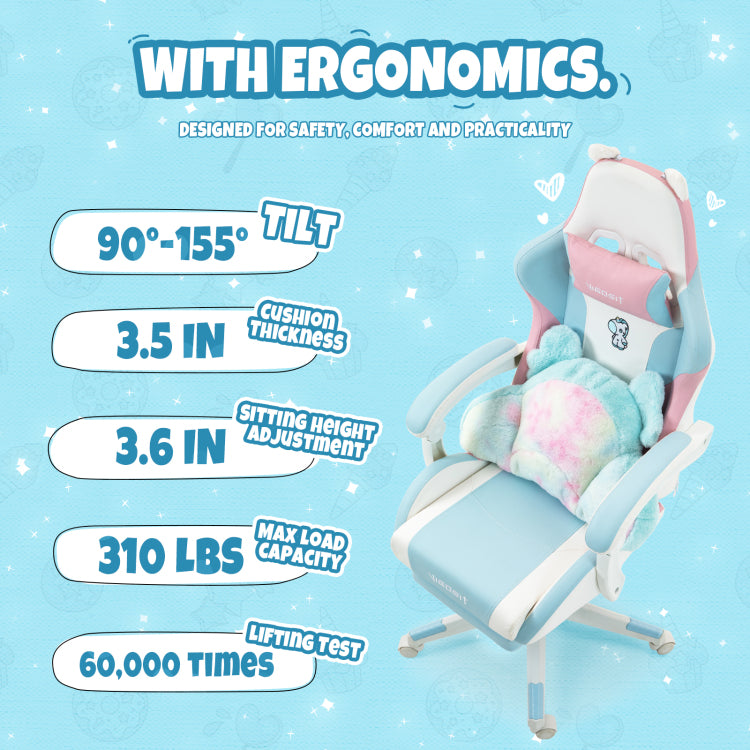 Cute Cat Gaming Chair With Paw Lumbar Cushion, Pc Video Gamer Chair For Girl Teen Woman Bp