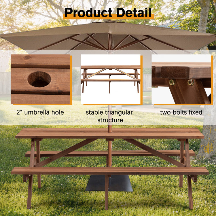 8 Person Brown Wooden Picnic Table, Outdoor Camping Dining Table With 2 Seats, Garden, Diy With 2 Built In Benches, 2220Lb Capacity