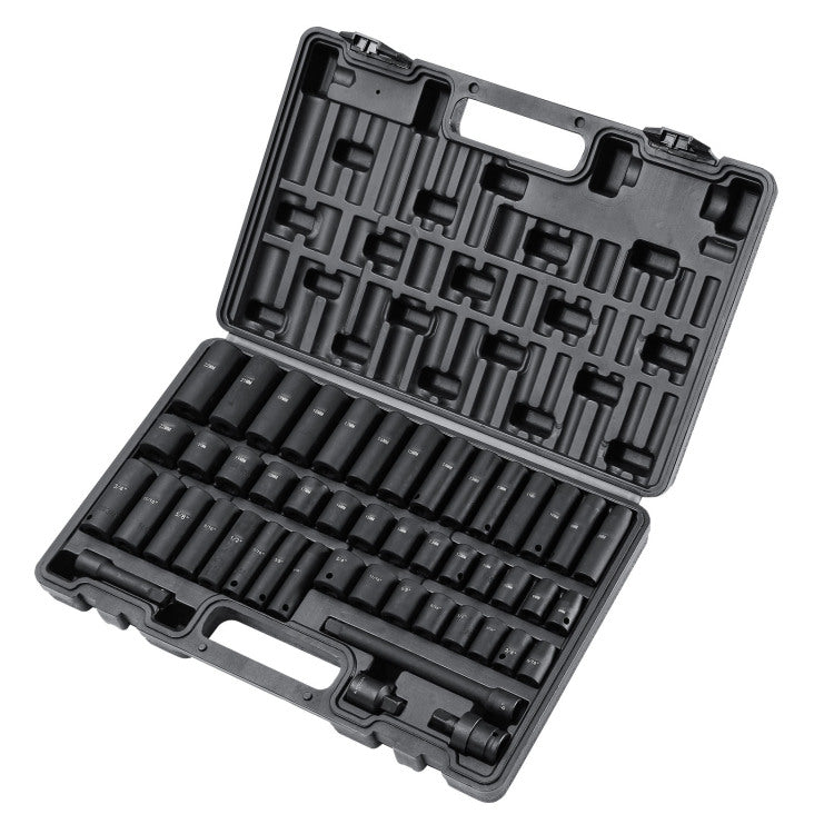 3 8 Inch Drive Impact Set, 48 Piece Socket Set Sae 5 16" 3 4" And Metric 8 22Mm 6 Point Cr V Drive Extension Bar Universal Joint & Drill Adapter, With Storage Case