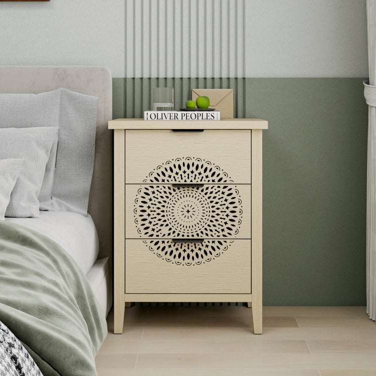 Hollow Carved 3 Drawer Cabinet Dresser Storage Chest With Metal Handles For Living Room Bedroom