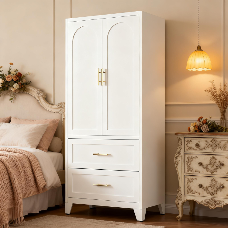 71" Tall Metal Wardrobe Cabinet With 2 Drawers And Hanging Rod, 2 Doors Wardrobe Closet With Shelf For Bedroom, Office, Laundry Room,Entryway ,Foyer,Guesthouse White