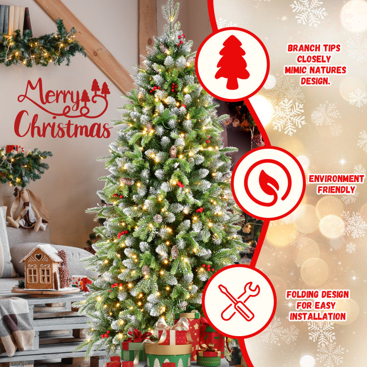 6Ft Pre Lit Artificial Christmas Tree With 380 Warm White Led Lights, 1264 Tips, Frosted Greenery With Red Berries & Natural Pinecones, Full Holiday Tree With Sturdy Metal Stand For Indoor