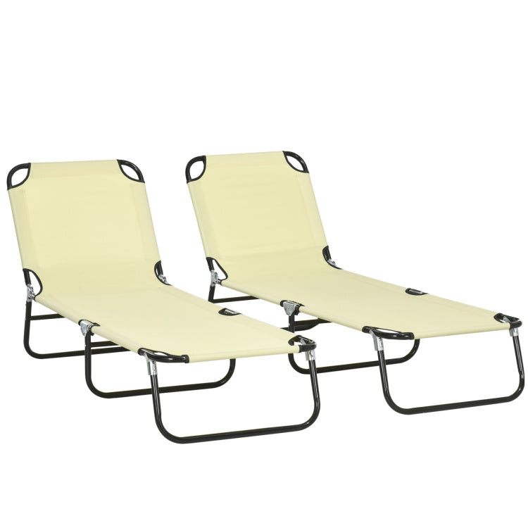 Outsunny 2 Piece Folding Chaise Lounge Pool Chairs, Outdoor Sun Tanning Chairs With 5 Level Reclining Back, Steel Frame For Beach, Yard, Patio, Beige