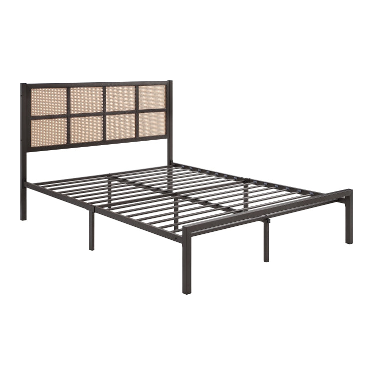 1Pc Queen Platform Bed, Metal Frame Dark Bronze Finish Faux Cane Panel Headboard Casual Coastal Bedroom Furniture, Bed In A Box