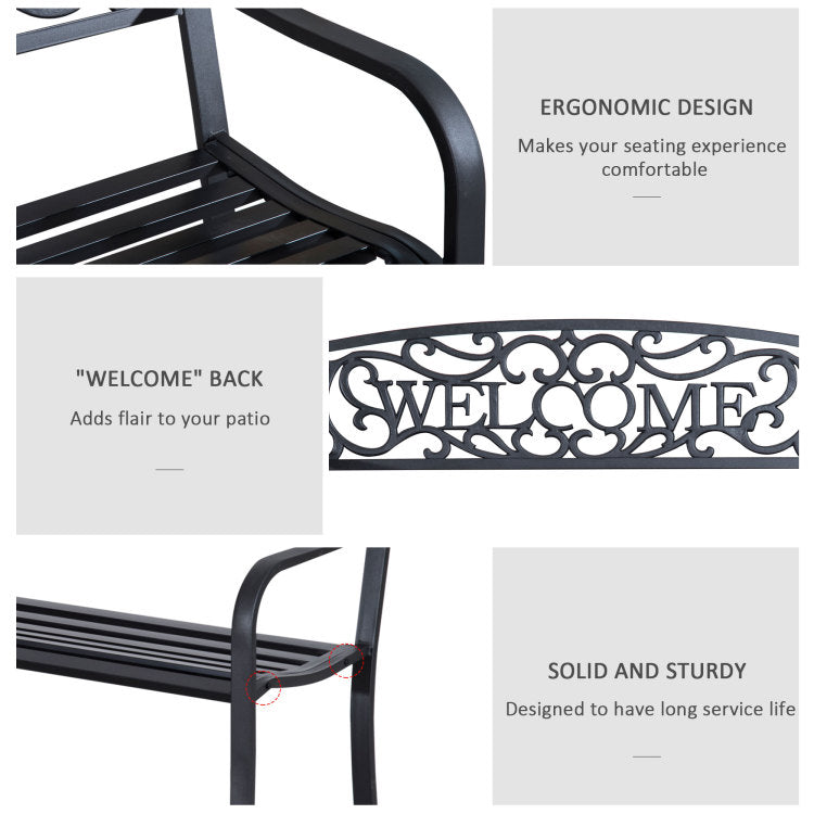 Outsunny 50" Outdoor Metal Welcome Bench, Garden Bench With Slatted Seat, Patio Bench For Park, Porch, Yard, Entryway, Black