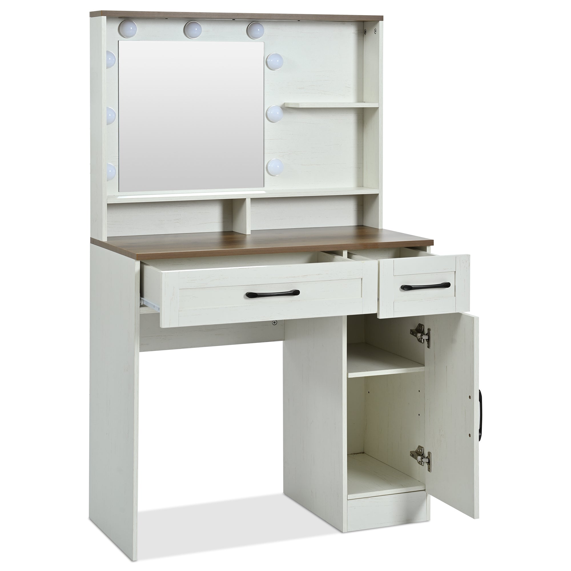 Farmhouse Makeup Vanity Desk With Mirror And Lights, 3 Lighting Modes, Vanity Set With Stool, Dressing Table With Adjustable Shelves,2 Drawers And Side Cabinet For Bedroom, White