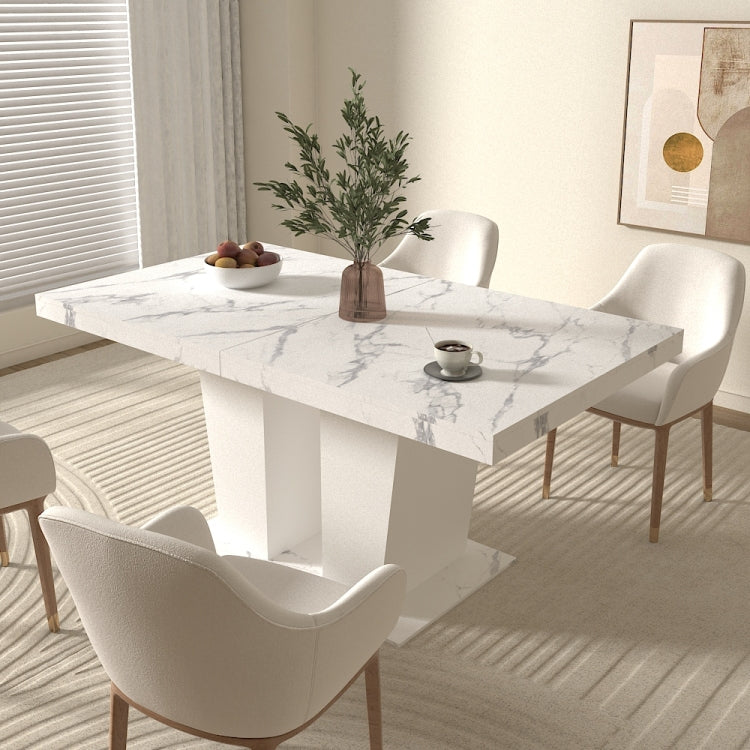 Extendable Dining Room Table For 6 10, Modern All White Faux Marble Rectangle Dining Table With Dual Column Pedestal Base, Expandable Kitchen Table