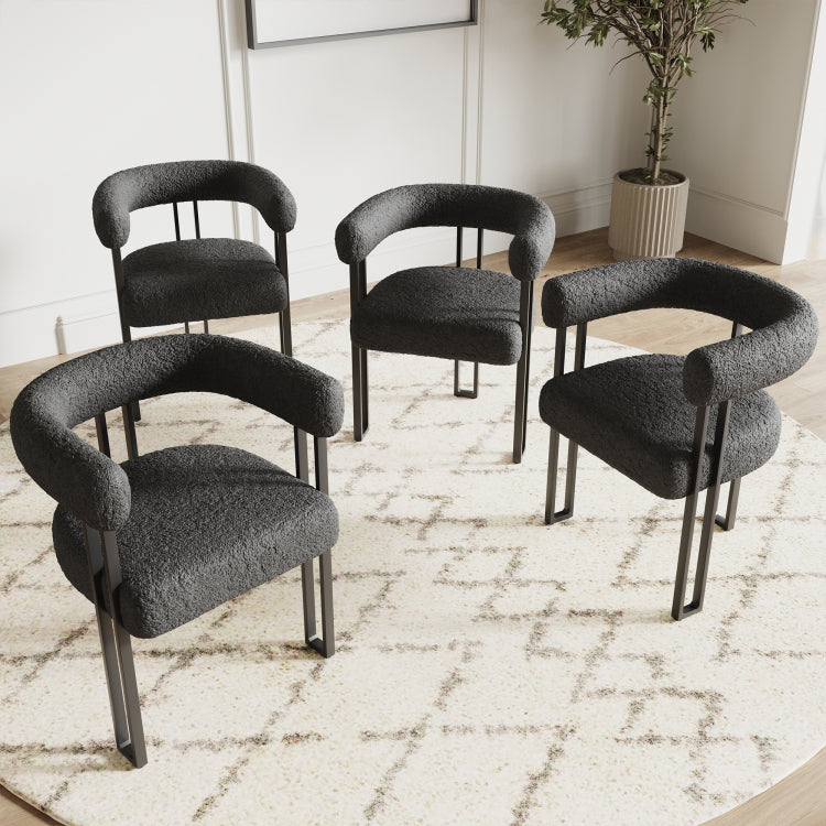 Set Of 2 Upholstered Dining Arm Chairs, Boucl Fabric Accent Chairs With Metal Frame, Modern Armchairs With Cushioned Seat & Back, Stain Resistant, Living Room & Dining Room
