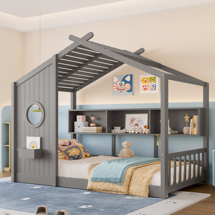Twin Size Floor House Bed For Toddler, Kids Montessori Bed With Storage Shelf, Playhouse Bed With Roof Design, Gray