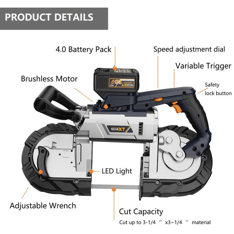 5 Inch Cordless Bandsaw, Maxxt 20V Brushless Power Band Saw, 4Ah Battery, 6 Speeds Adjustable, Not Hot Sparks When Cutting Metal, Portable Band Saw For Deep Cut