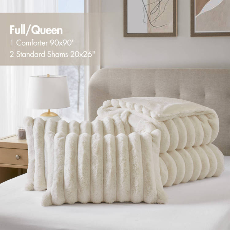 3 Piece Full Queen Soft Faux Fur Ribbed Comforter Set,Ivory