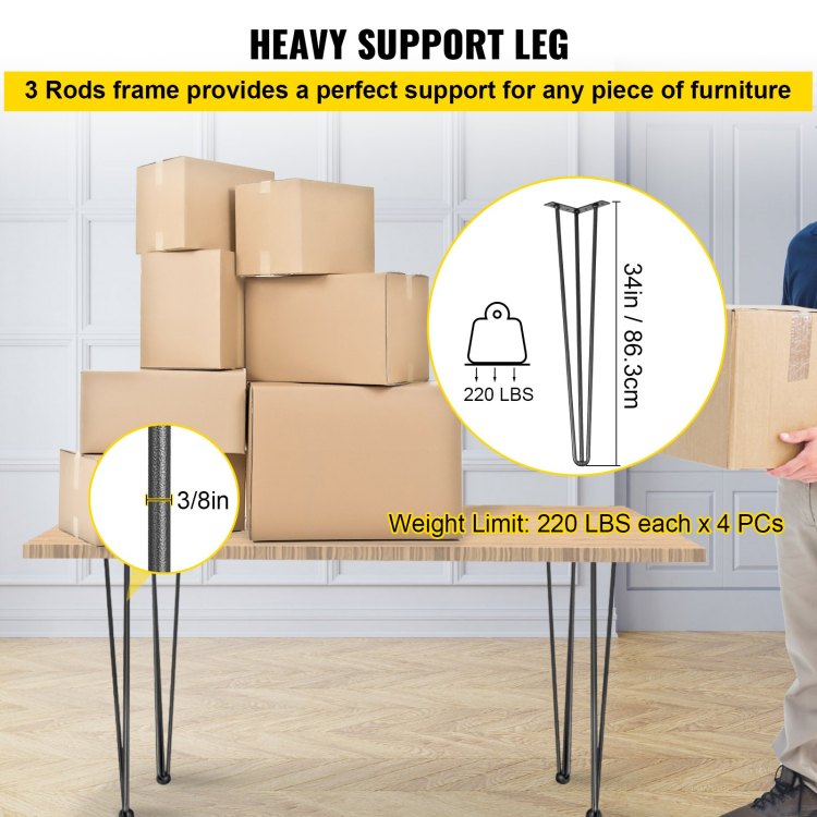 Hairpin Table Legs 34" Black Set Of 4 Desk Legs 880Lbs Load Capacity Each 220Lbs Hairpin Desk Legs 3 Rods For Bench Desk Dining End Table Chairs Carbon Steel Diy Heavy Duty Furniture Legs
