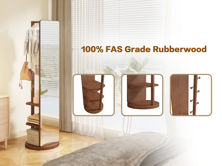 360 Rotating 66"X17.8" Multifunctional Full Length Mirror With Hook Storage Rack Coat Rack With Mirror Solid Wood Floor Mirror Bedroom Living Room Cloakroom Space Saving Walnut