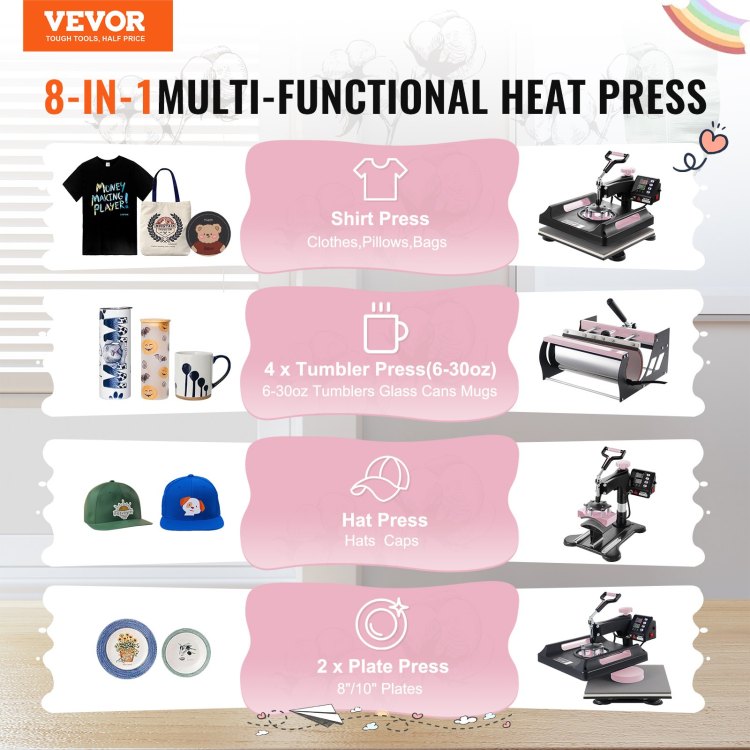 8 In 1 Heat Press Machine 15X15 In 30Oz Tumbler Press T Shirts Black