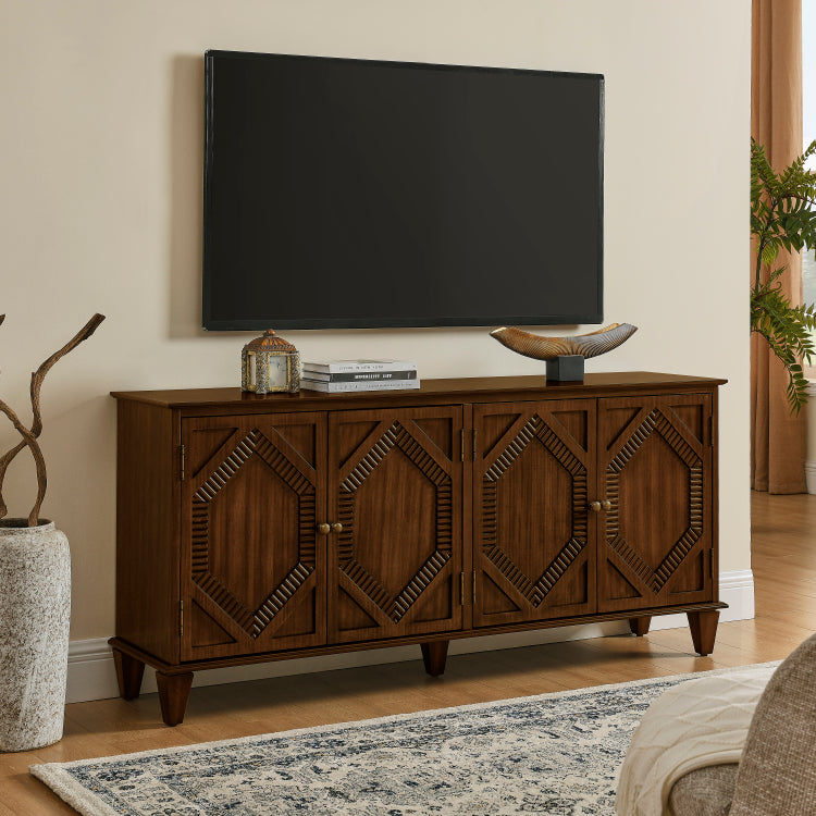 65.2" Mid Century Modern Sideboard Buffet Cabinet With Storage, Symmetrical Geometric Accent Coffee Bar Wine Bar Storage Cabinet, Large Console Table For Living Room Entryway Kitchen, Walnut