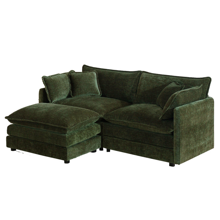 Chenille Two Seater Sofa With 1 Footrest, 2 Seater L Shaped Sectional With Ottoman,Loveseat With Ottoman For Small Living Space, Green Chenille
