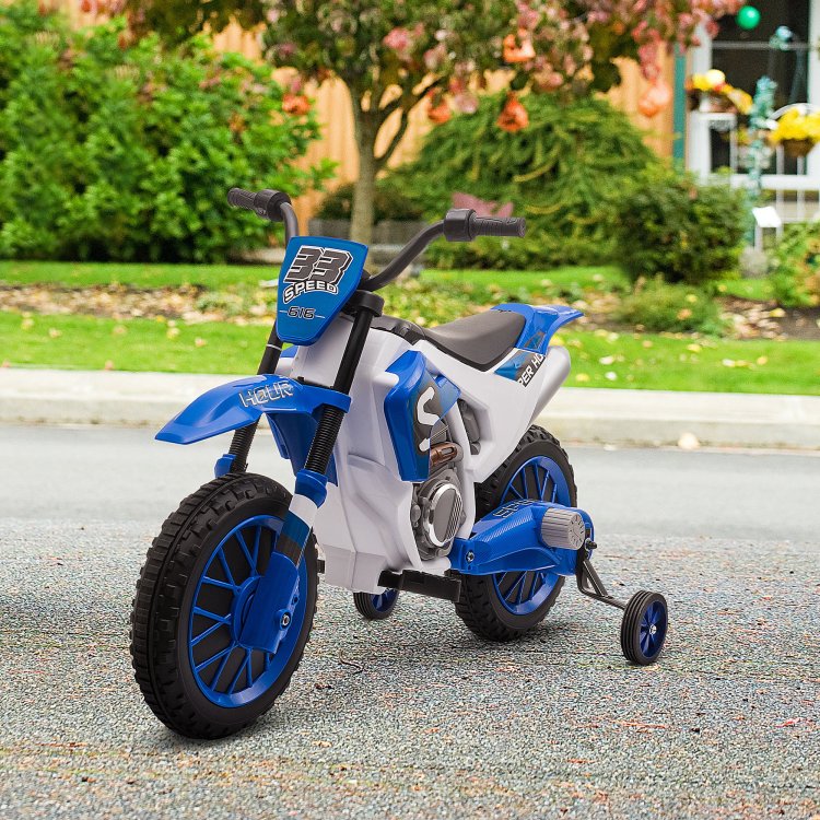 Aosom 12V Kids Motorcycle Dirt Bike Electric Battery Powered Ride On Toy Off Road Street Bike With Charging Battery, Training Wheels Blue