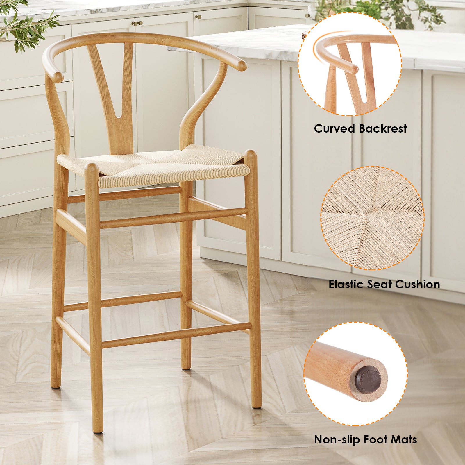 Wishbone Barstool,Weave Counter Height Bar Stools, Fully Assembled Rattan Bar Chairs For Kitchen Island,1Pc,Natural
