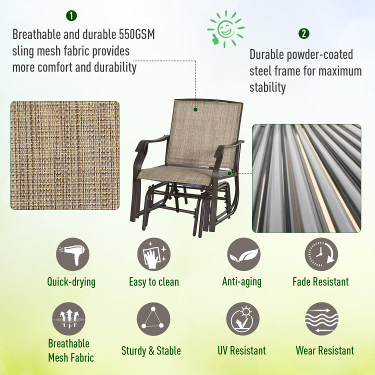 Outsunny 3 Piece Outdoor Glider Chair With Coffee Table Bistro Set, 2 Patio Rocking Swing Chairs With Sling Fabric, Glass Tabletop, For Backyard, Garden And Porch, Mixed Brown