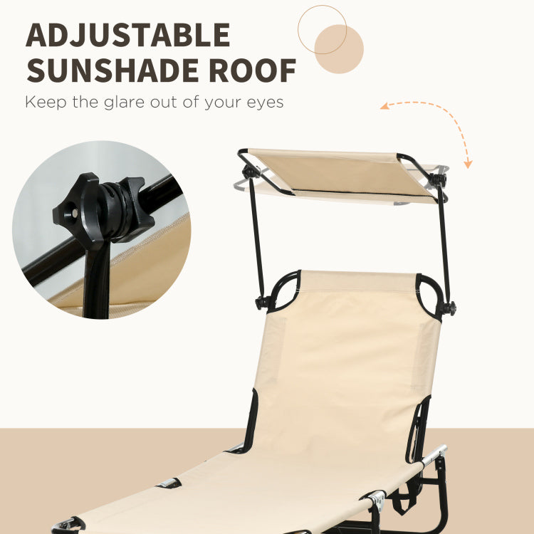 Outsunny Folding Chaise Lounge Pool Chairs, Outdoor Sun Tanning Chairs With Canopy Shade, Reclining Back, Steel Frame And Side Pocket For Beach, Yard, Patio, Tan