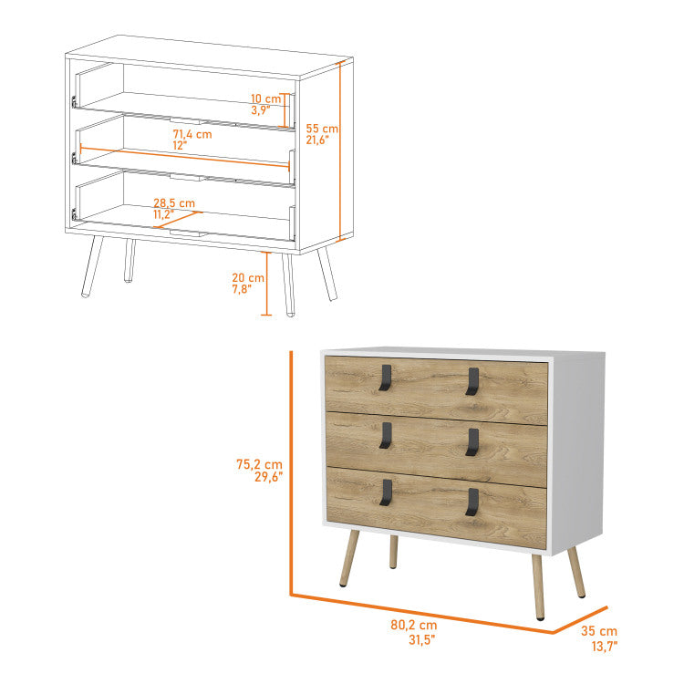 Kimball 3 Drawer Dresser, Modern Chic Storage With Wooden Legs