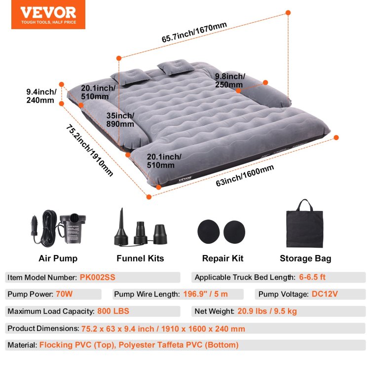 Truck Bed Air Mattress, For 6 6.5 Ft Full Size Truck Beds, Inflatable Air Mattress Camping Bed With 12V Air Pump 2 Pillows, Carry Bag, For Chevrolet Silverado, Dodge Ram, Ford 150 250 350