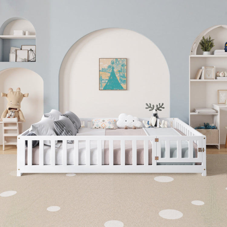 Full Size Floor Platform Bed With Fence And Door For Kids, Montessori Floor Bed Frame With Support Slats For Toddlers, Wooden Floor Bed White