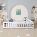 Full Size Floor Platform Bed With Fence And Door For Kids, Montessori Floor Bed Frame With Support Slats For Toddlers, Wooden Floor Bed White