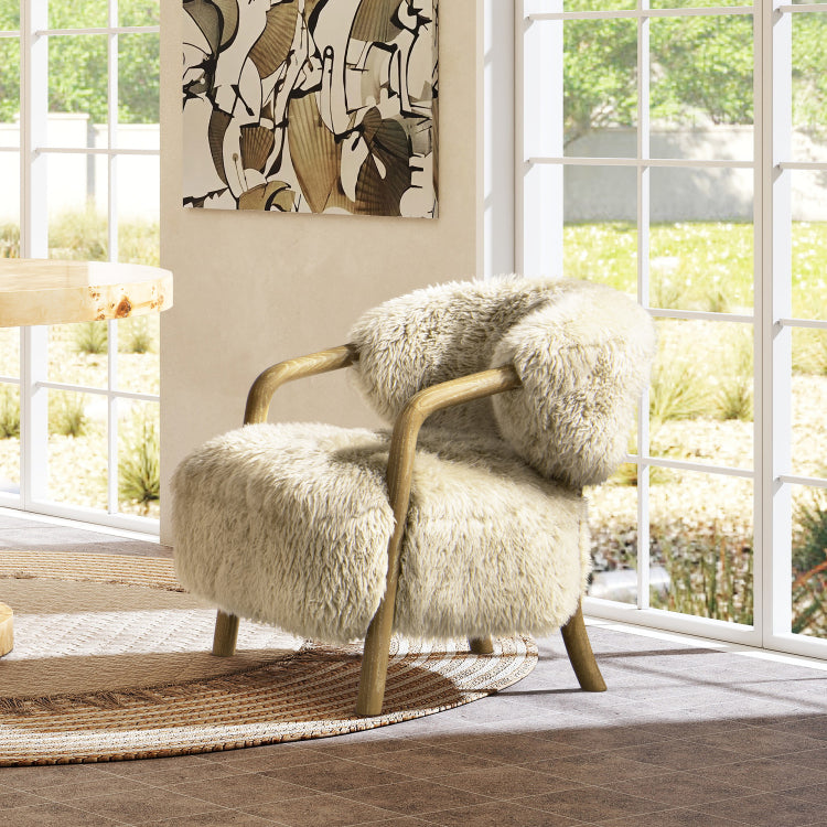 Becker 33" Rustic Oak Sheepskin Upholstered Accent Arm Chair, Taupe Beige Genuine Fur