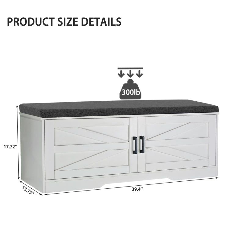 2 Tier Storage Bench, Farmhouse Shoe Bench With Padded Seat Cushion, Entryway Bench With 2 Barn Doors & 2 Adjustable Shelves, 13.75" D X 39.4" W X 17.72" H, For Entryway, Bedroom, Living Room, White